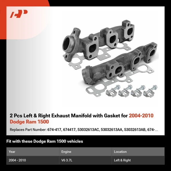2 Pcs Left & Right Exhaust Manifold with Gasket for 2004-2010 Dodge Ram 1500