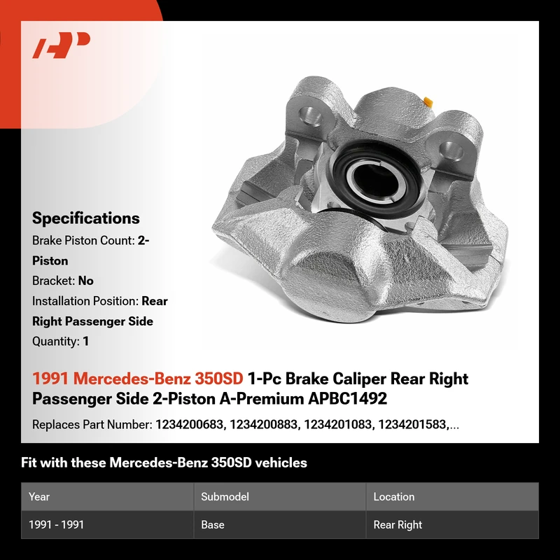 1991 Mercedes-Benz 350SD 1-Pc Brake Caliper Rear Right Passenger Side 2-Piston A-Premium APBC1492