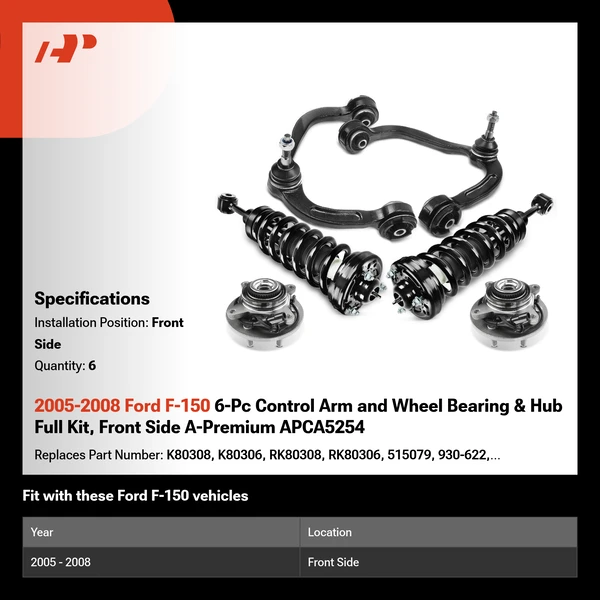 2005-2008 Ford F-150 6-Pc Control Arm and Wheel Bearing & Hub Full Kit, Front Side A-Premium APCA5254