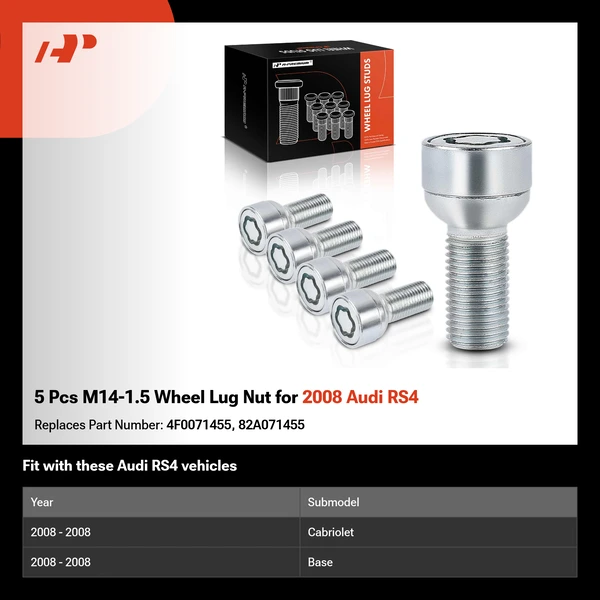 5 Pcs M14-1.5 Wheel Lug Nut for 2008 Audi RS4