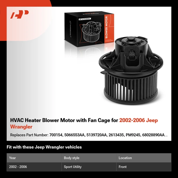 HVAC Heater Blower Motor with Fan Cage for 2002-2006 Jeep Wrangler