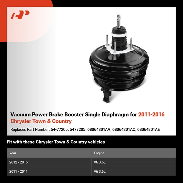 Vacuum Power Brake Booster Single Diaphragm for 2011-2016 Chrysler Town & Country