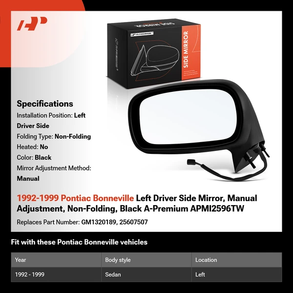 1992-1999 Pontiac Bonneville Left Driver Side Mirror, Manual Adjustment, Non-Folding, Black A-Premium APMI2596TW