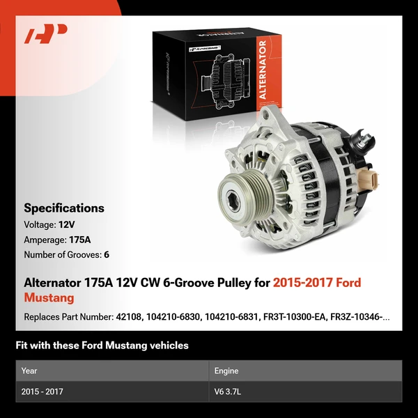 Alternator 175A 12V CW 6-Groove Pulley for 2015-2017 Ford Mustang