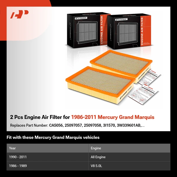 2 Pcs Engine Air Filter for 1986-2011 Mercury Grand Marquis