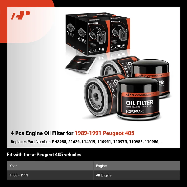 4 Pcs Engine Oil Filter for 1989-1991 Peugeot 405