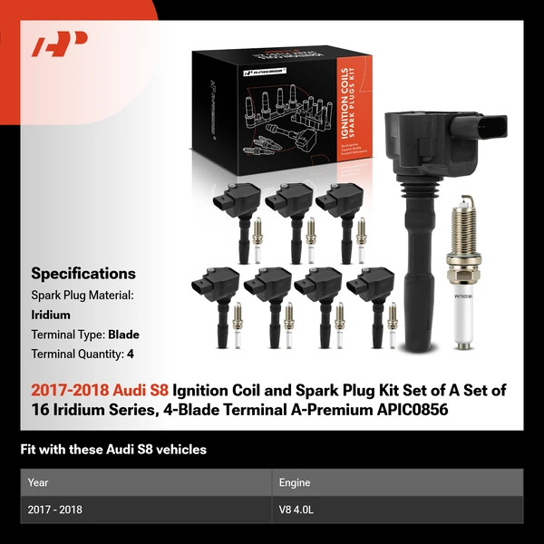 2017-2018 Audi S8 Ignition Coil and Spark Plug Kit Set of A Set of 16 Iridium Series, 4-Blade Terminal A-Premium APIC0856