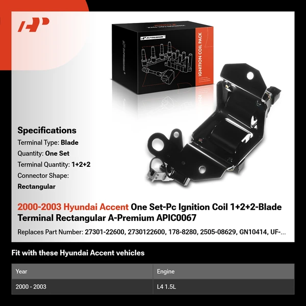 2000-2003 Hyundai Accent One Set-Pc Ignition Coil 1+2+2-Blade Terminal Rectangular A-Premium APIC0067