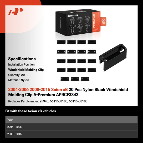 2004-2006 2008-2015 Scion xB 20 Pcs Nylon Black Windshield Molding Clip A-Premium APRCF3342