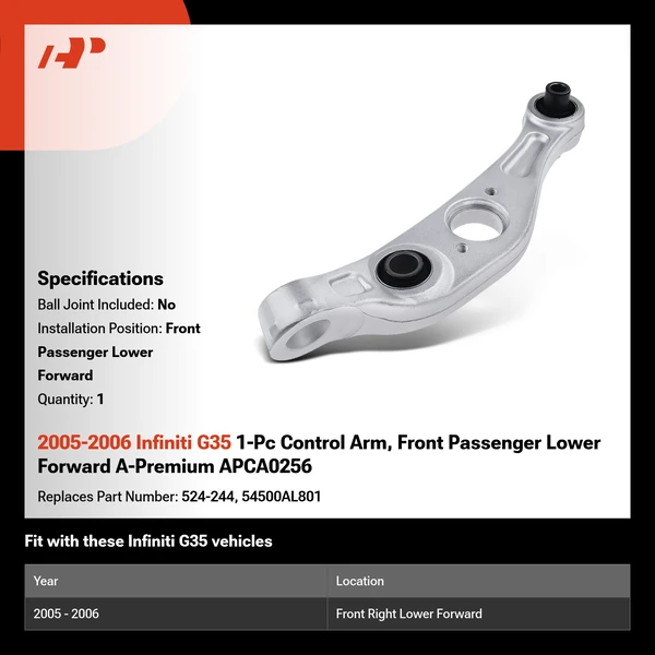 2005-2006 Infiniti G35 1-Pc Control Arm, Front Passenger Lower Forward A-Premium APCA0256
