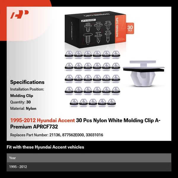 1995-2012 Hyundai Accent 30 Pcs Nylon White Molding Clip A-Premium APRCF732
