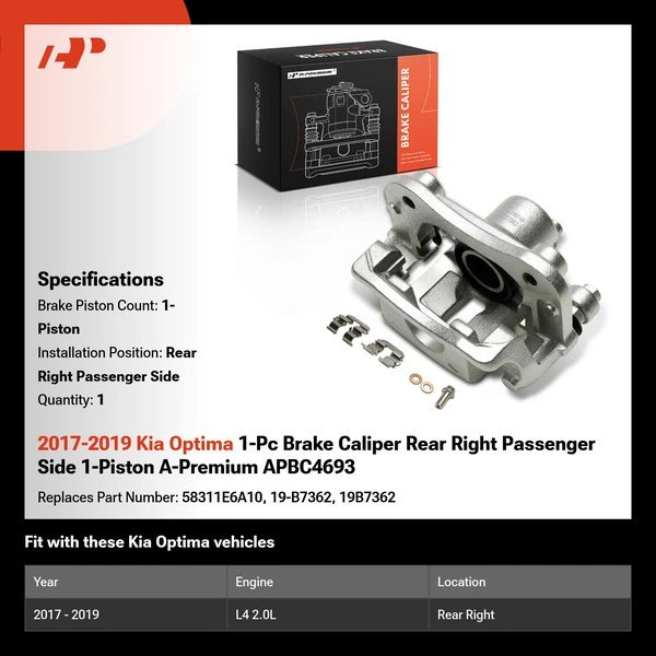 2017-2019 Kia Optima 1-Pc Brake Caliper Rear Right Passenger Side 1-Piston A-Premium APBC4693