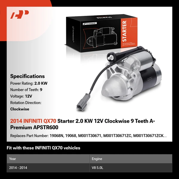 2014 INFINITI QX70 Starter 2.0 KW 12V Clockwise 9 Teeth A-Premium APSTR600