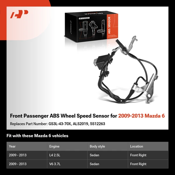 Front Passenger ABS Wheel Speed Sensor for 2009-2013 Mazda 6