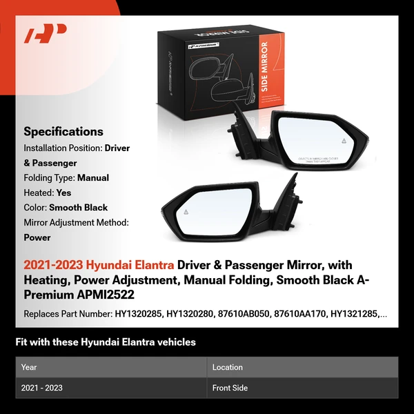 2021-2023 Hyundai Elantra Driver & Passenger Mirror, with Heating, Power Adjustment, Manual Folding, Smooth Black A-Premium APMI2522
