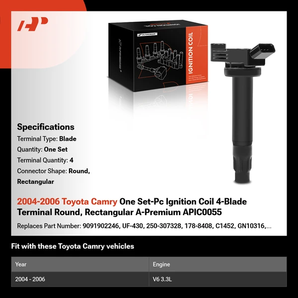 2004-2006 Toyota Camry One Set-Pc Ignition Coil 4-Blade Terminal Round, Rectangular A-Premium APIC0055