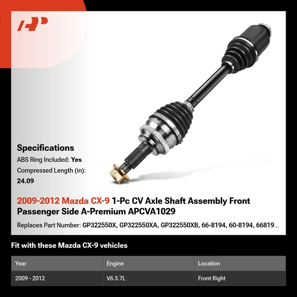 2009-2012 Mazda CX-9 1-Pc CV Axle Shaft Assembly Front Passenger Side A-Premium APCVA1029