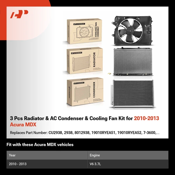 3 Pcs Radiator & AC Condenser & Cooling Fan Kit for 2010-2013 Acura MDX