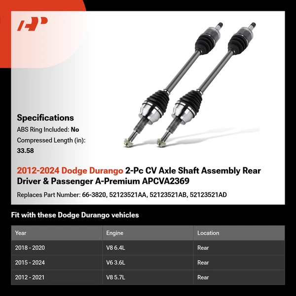 2012-2024 Dodge Durango 2-Pc CV Axle Shaft Assembly Rear Driver & Passenger A-Premium APCVA2369