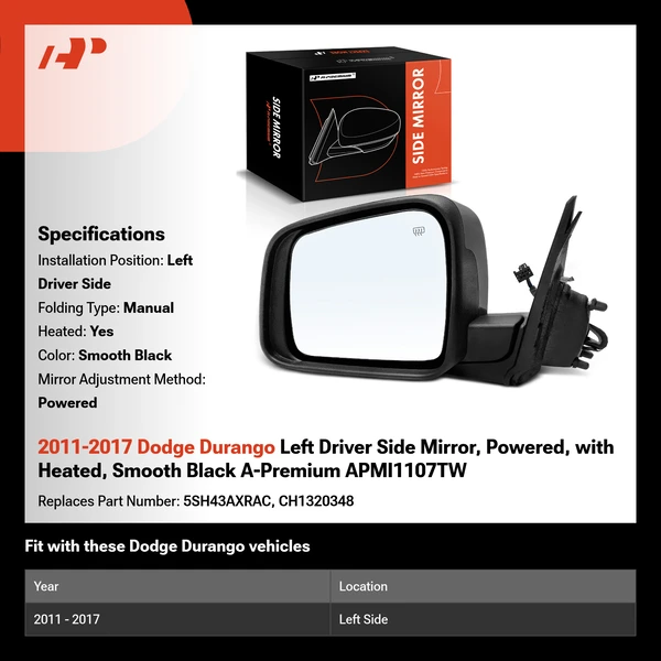 2011-2017 Dodge Durango Left Driver Side Mirror, Powered, with Heated, Smooth Black A-Premium APMI1107TW