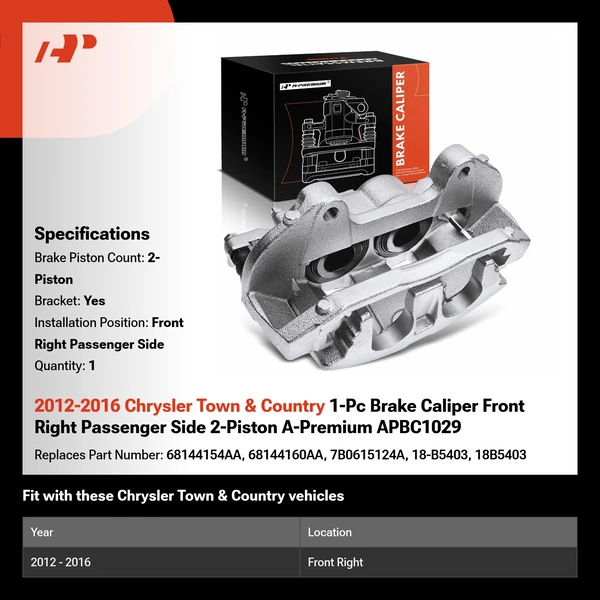 2012-2016 Chrysler Town & Country 1-Pc Brake Caliper Front Right Passenger Side 2-Piston A-Premium APBC1029