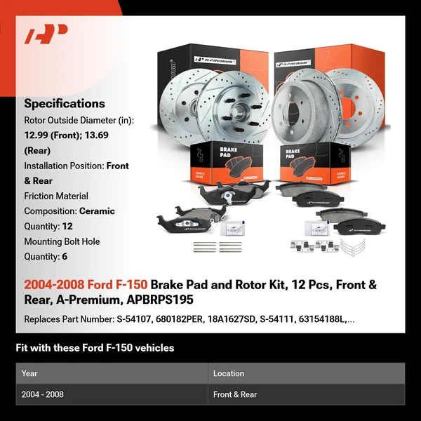 2004-2008 Ford F-150 Brake Pad and Rotor Kit, 12 Pcs, Front & Rear, A-Premium, APBRPS195