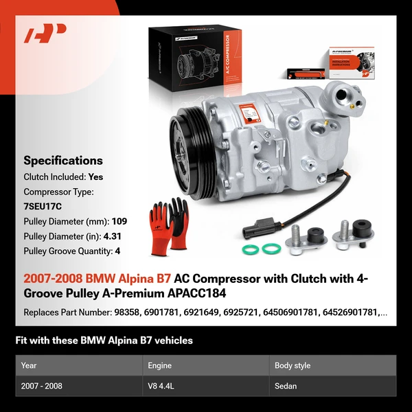 2007-2008 BMW Alpina B7 AC Compressor with Clutch with 4-Groove Pulley A-Premium APACC184