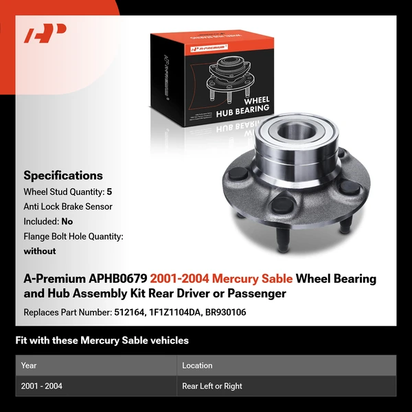 A-Premium APHB0679 2001-2004 Mercury Sable Wheel Bearing and Hub Assembly Kit Rear Driver or Passenger
