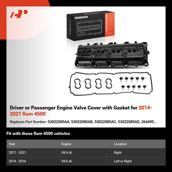 Driver or Passenger Engine Valve Cover with Gasket for 2014-2021 Ram 4500