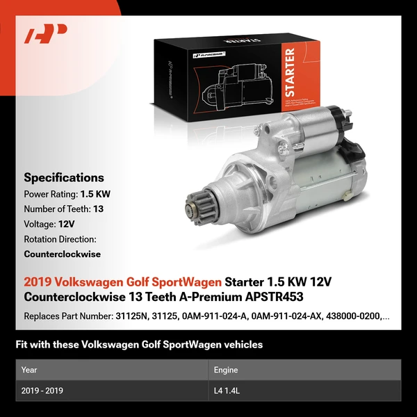 2019 Volkswagen Golf SportWagen Starter 1.5 KW 12V Counterclockwise 13 Teeth A-Premium APSTR453