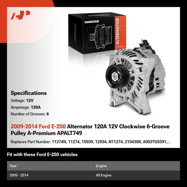 2009-2014 Ford E-250 Alternator 120A 12V Clockwise 6-Groove Pulley A-Premium APALT749