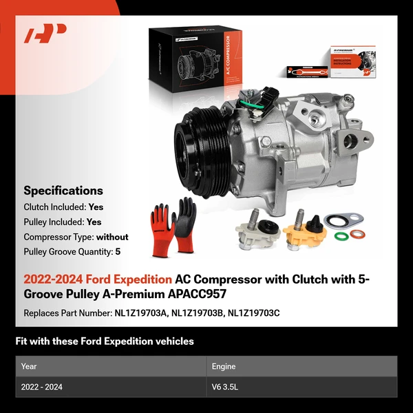 2022-2024 Ford Expedition AC Compressor with Clutch with 5-Groove Pulley A-Premium APACC957