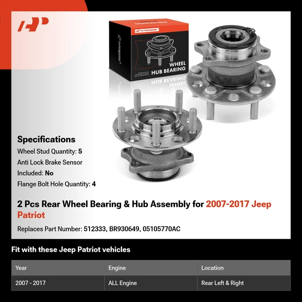 2 Pcs Rear Wheel Bearing & Hub Assembly for 2007-2017 Jeep Patriot