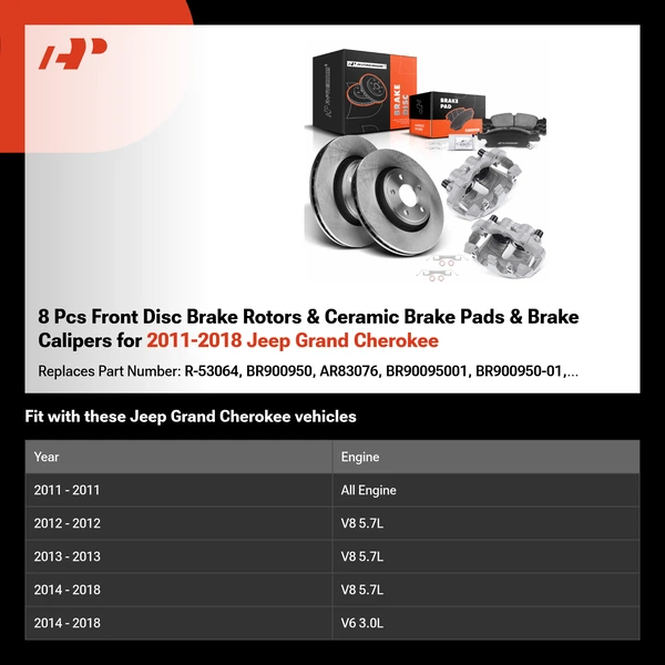 8 Pcs Front Disc Brake Rotors & Ceramic Brake Pads & Brake Calipers for 2011-2018 Jeep Grand Cherokee
