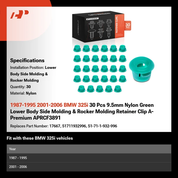 1987-1995 2001-2006 BMW 325i 30 Pcs 9.5mm Nylon Green Lower Body Side Molding & Rocker Molding Retainer Clip A-Premium APRCF3891