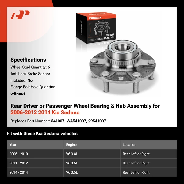 Rear Driver or Passenger Wheel Bearing & Hub Assembly for 2006-2012 2014 Kia Sedona