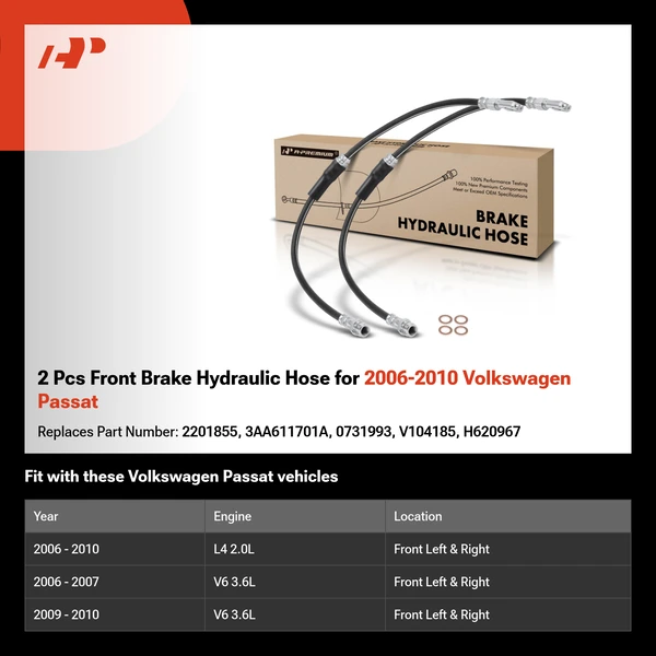 2 Pcs Front Brake Hydraulic Hose for 2006-2010 Volkswagen Passat