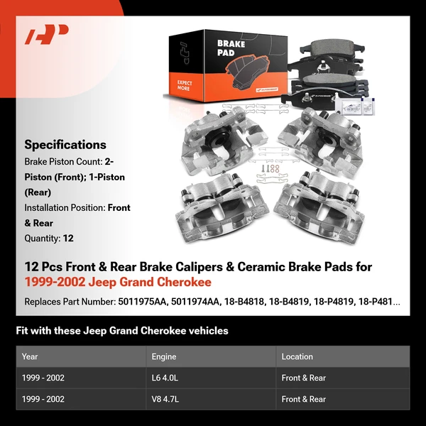 12 Pcs Front & Rear Brake Calipers & Ceramic Brake Pads for 1999-2002 Jeep Grand Cherokee