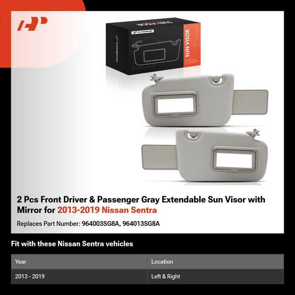 2 Pcs Front Driver & Passenger Gray Extendable Sun Visor with Mirror for 2013-2019 Nissan Sentra