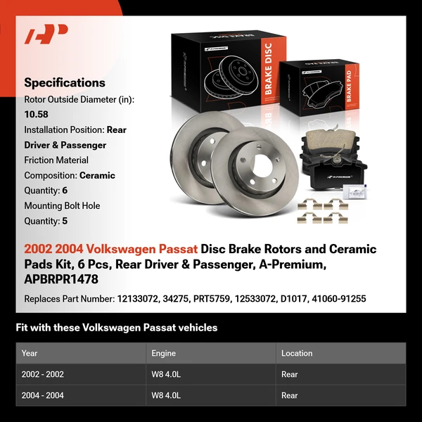 2002 2004 Volkswagen Passat Disc Brake Rotors and Ceramic Pads Kit, 6 Pcs, Rear Driver & Passenger, A-Premium, APBRPR1478