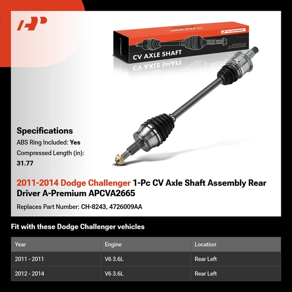 2011-2014 Dodge Challenger 1-Pc CV Axle Shaft Assembly Rear Driver A-Premium APCVA2665