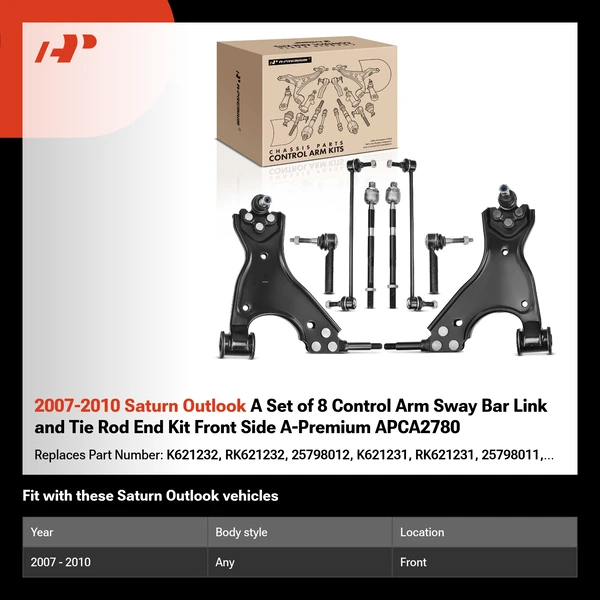 2007-2010 Saturn Outlook A Set of 8 Control Arm Sway Bar Link and Tie Rod End Kit Front Side A-Premium APCA2780