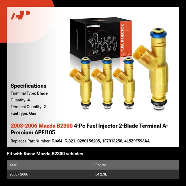 2003-2006 Mazda B2300 4-Pc Fuel Injector 2-Blade Terminal A-Premium APFI105