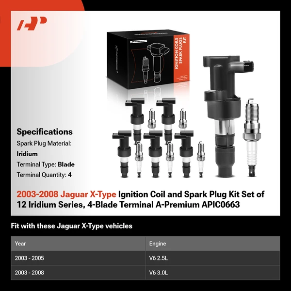 2003-2008 Jaguar X-Type Ignition Coil and Spark Plug Kit Set of 12 Iridium Series, 4-Blade Terminal A-Premium APIC0663