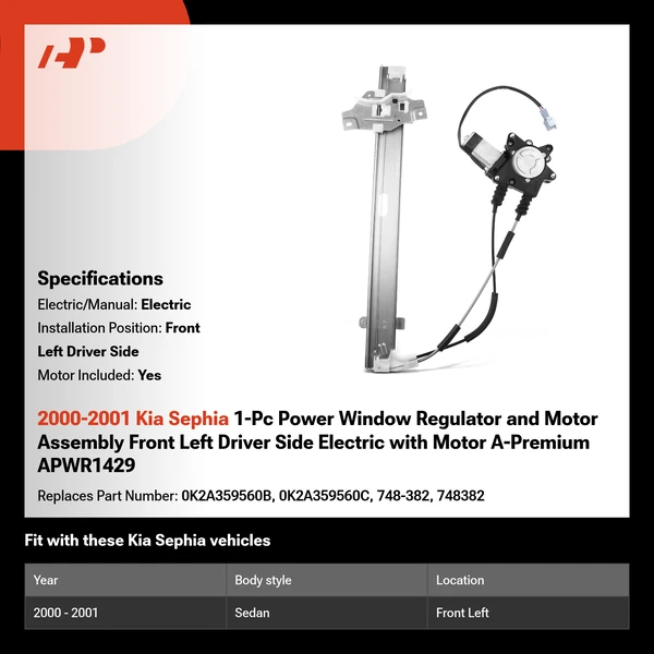 2000-2001 Kia Sephia 1-Pc Power Window Regulator and Motor Assembly Front Left Driver Side Electric with Motor A-Premium APWR1429