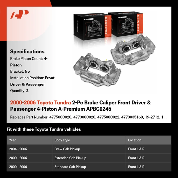2000-2006 Toyota Tundra 2-Pc Brake Caliper Front Driver & Passenger 4-Piston A-Premium APBC0245