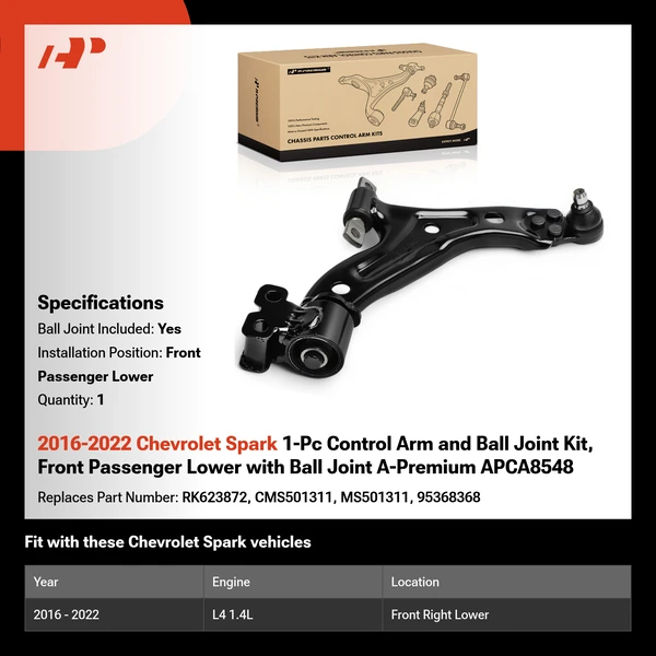 2016-2022 Chevrolet Spark 1-Pc Control Arm and Ball Joint Kit, Front Passenger Lower with Ball Joint A-Premium APCA8548