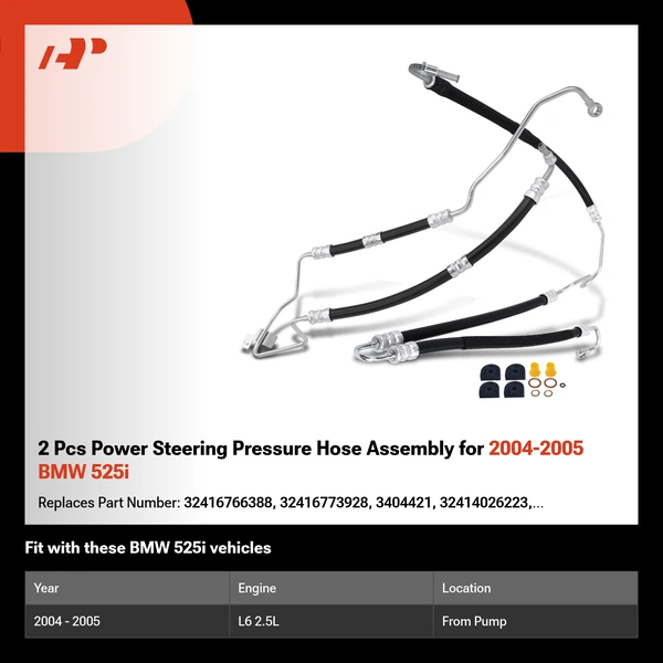 2 Pcs Power Steering Pressure Hose Assembly for 2004-2005 BMW 525i