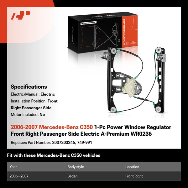 2006-2007 Mercedes-Benz C350 1-Pc Power Window Regulator Front Right Passenger Side Electric A-Premium WR0236