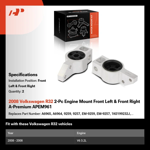 2008 Volkswagen R32 2-Pc Engine Mount Front Left & Front Right A-Premium APEM961